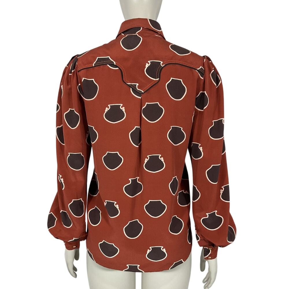 Johanna Ortiz Printed Rust Tie Neck Blouse Size S - Picture 2 of 6